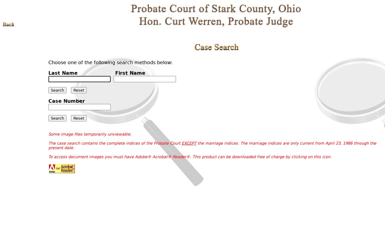 Stark County docket search Legacy Probate Case Search interface