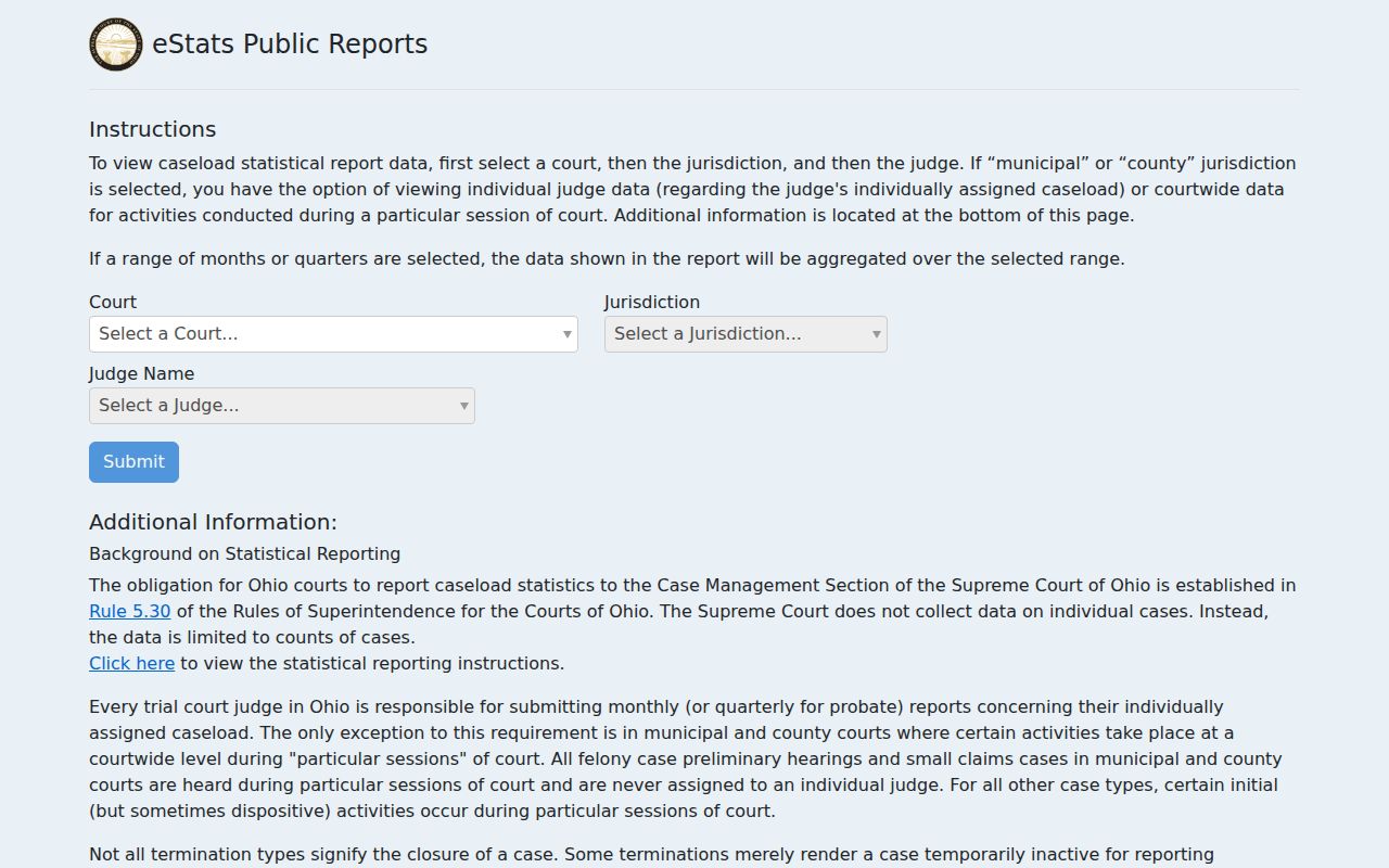 Stark County court schedule Ohio eStats reporting interface